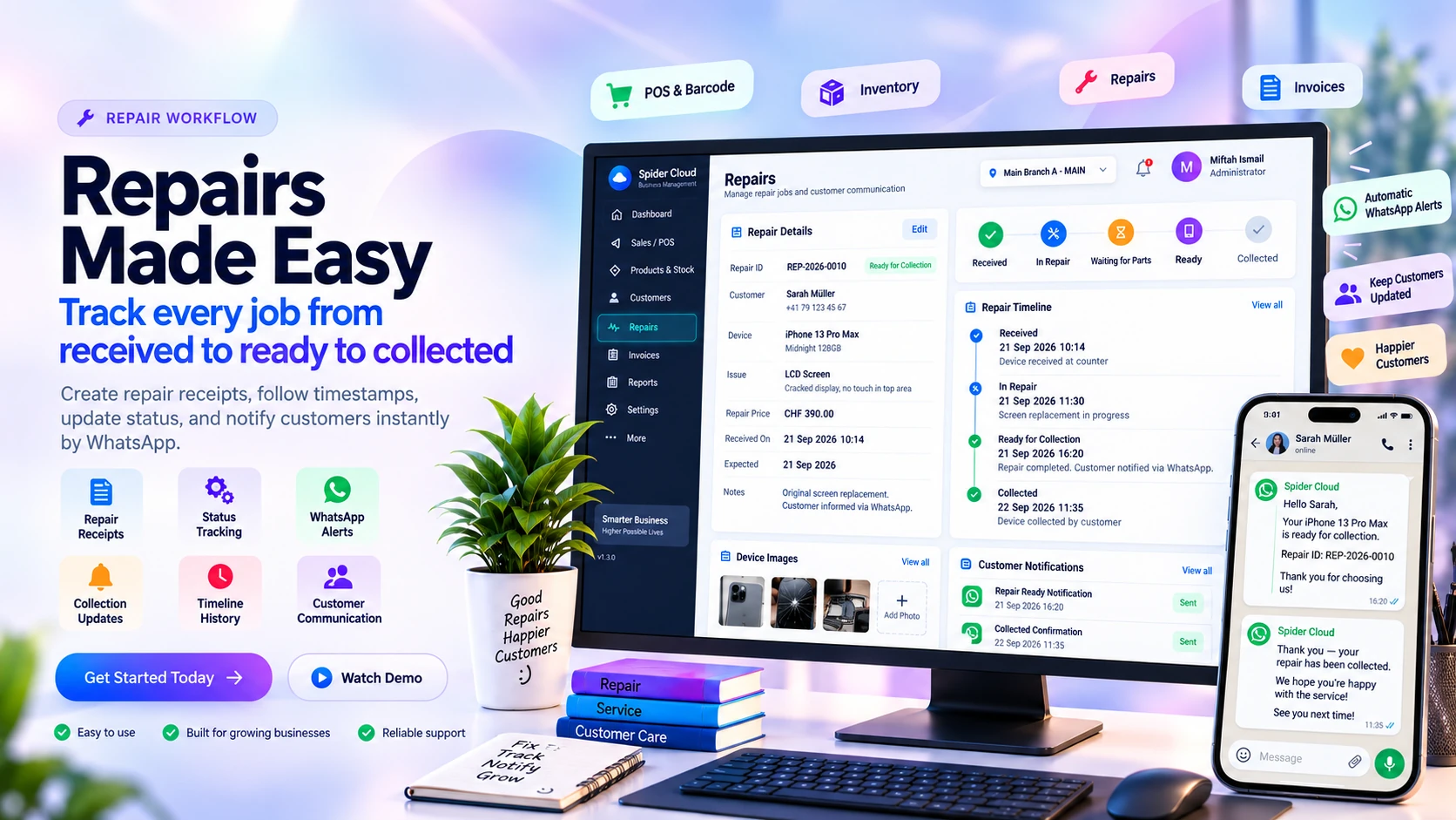 Repair workflow, timestamps and customer notification features