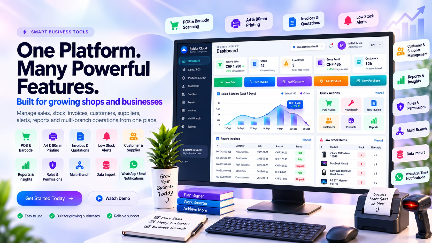Spider Business Cloud sales, stock, invoicing and reporting features